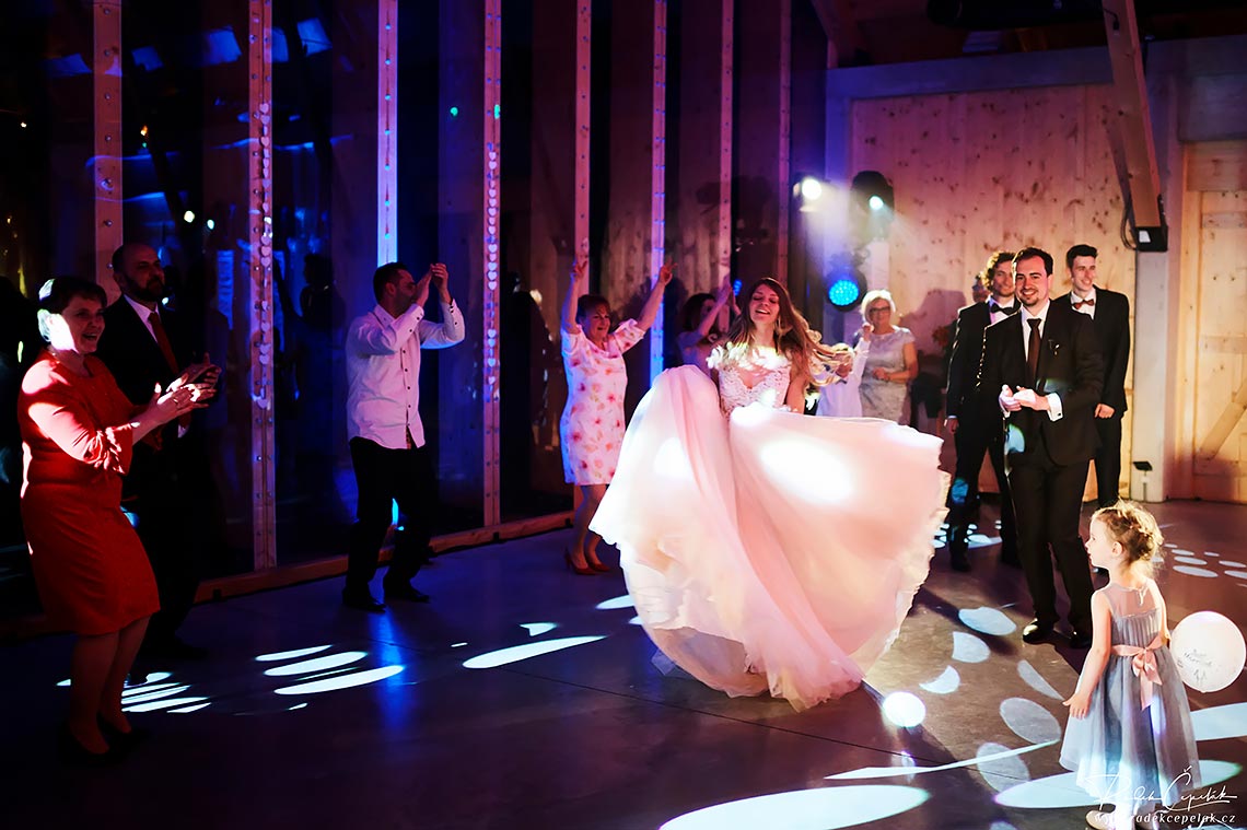 bride and groom dancing in the barn at Slovakia wedding