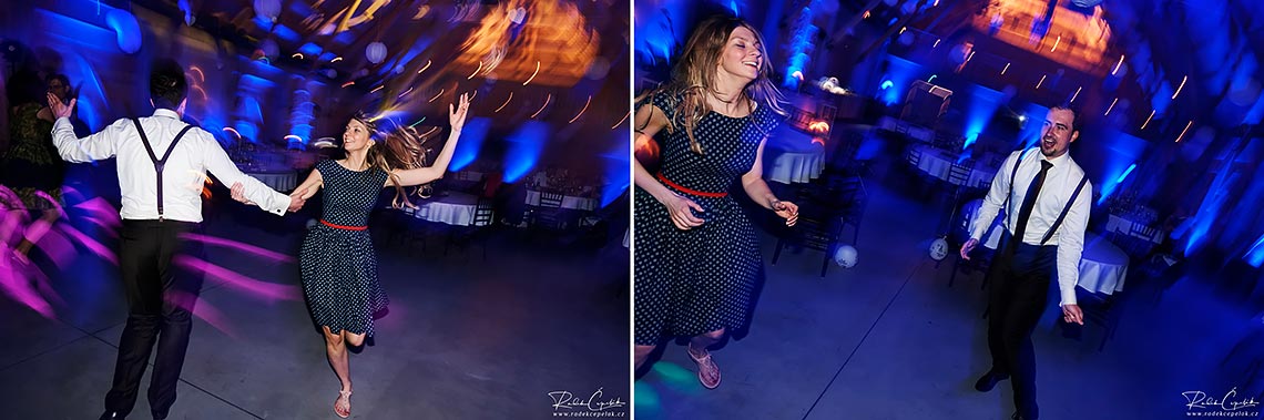 guest dancing with fake guitar at wedding