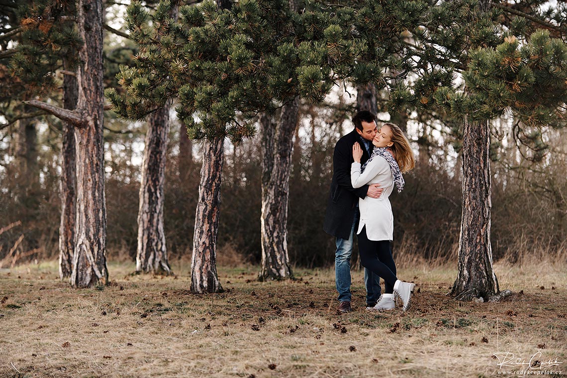 romantic engagement photography in pine tree forest