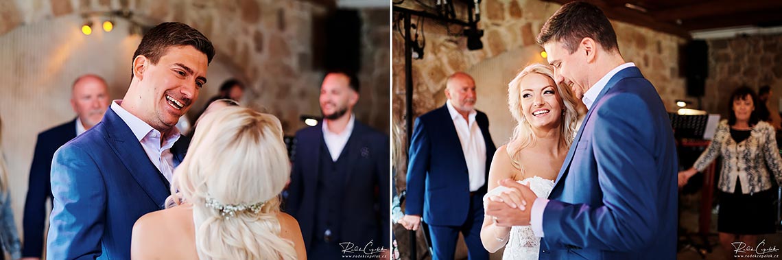 Bride and groom dancing at wedding in barn Hejtmankovice in Czech