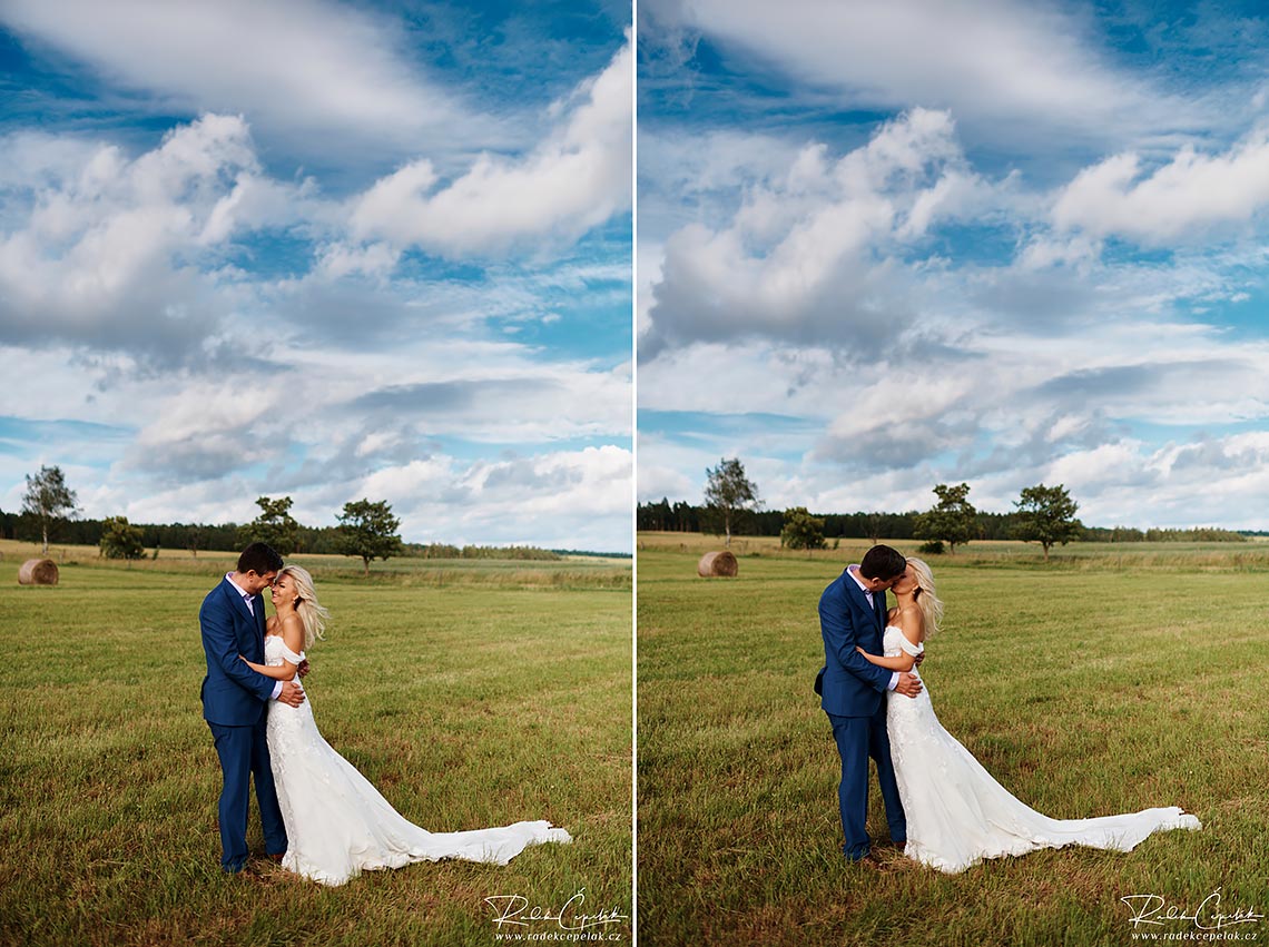 Romantic wedding photography of groom with blue suit and bride with Pronovias wedding dress