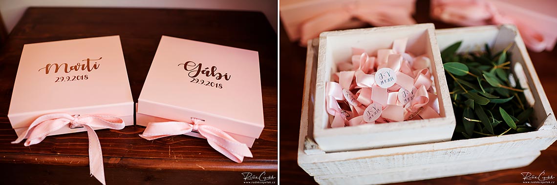 bridesmaids ping boxes gifts with names and date on the top