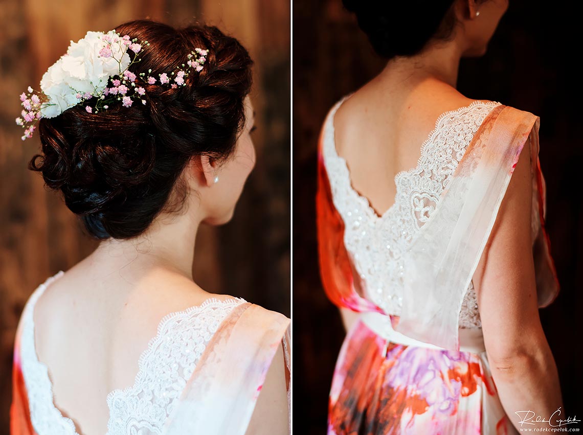 bridal wedding dress and hairstyle details