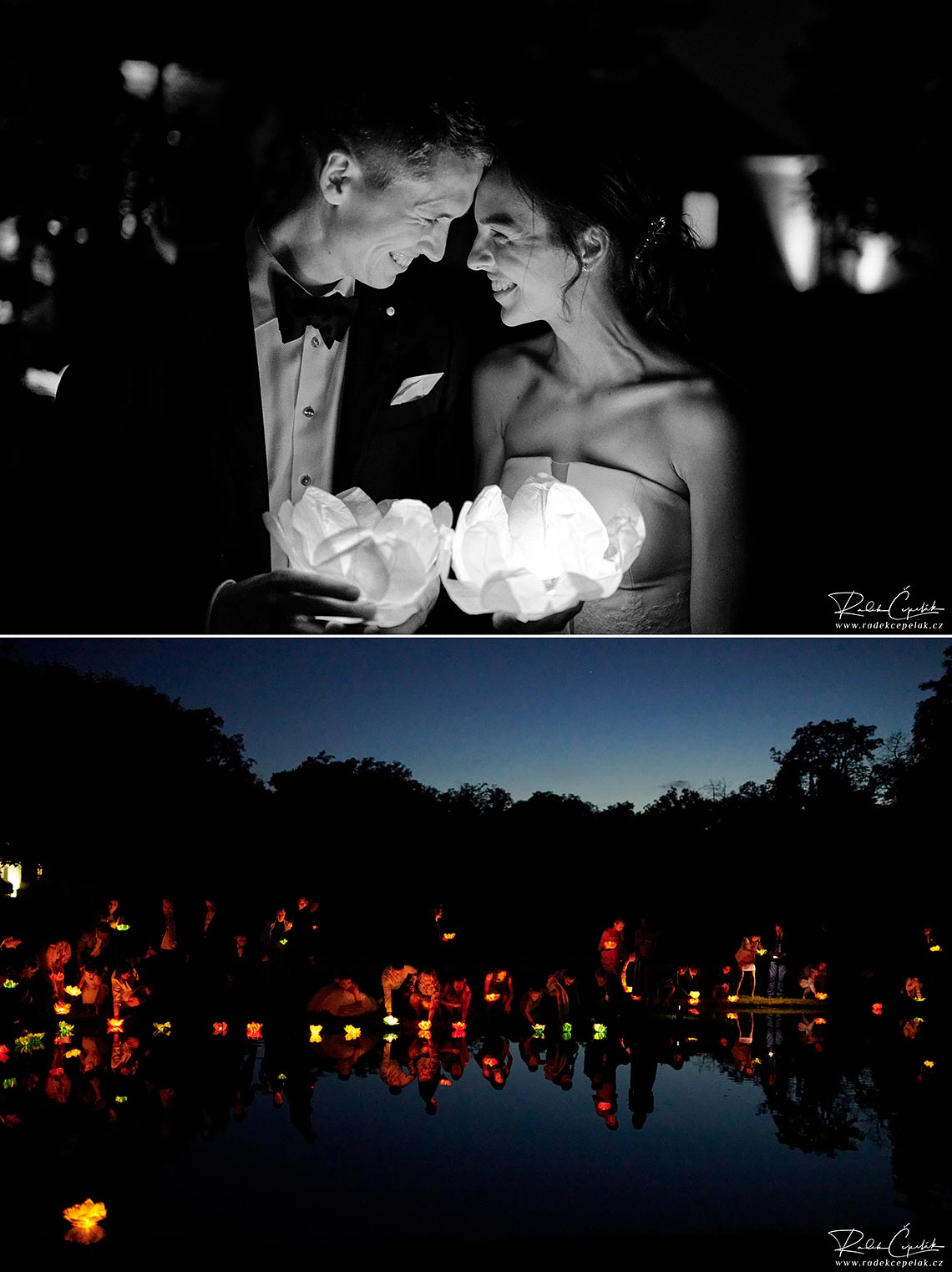 Bride and groom wedding photography during lighting lotuses to put them on the water of pond