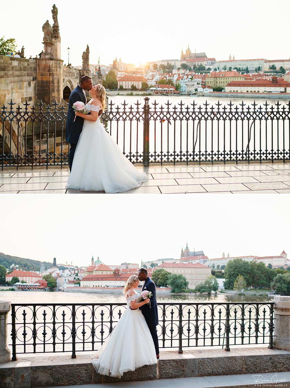 Prague Wedding Photography on Charles bridge with view on Prague castle