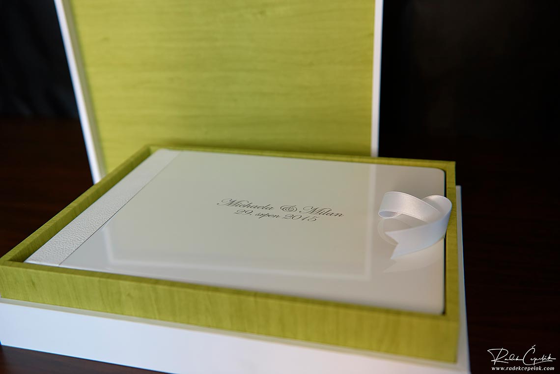 white leather wedding album with metal paint