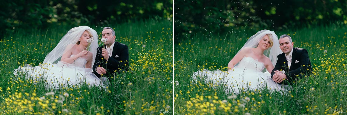 wedding photography of newlyweds on meadow at the nature in Prague