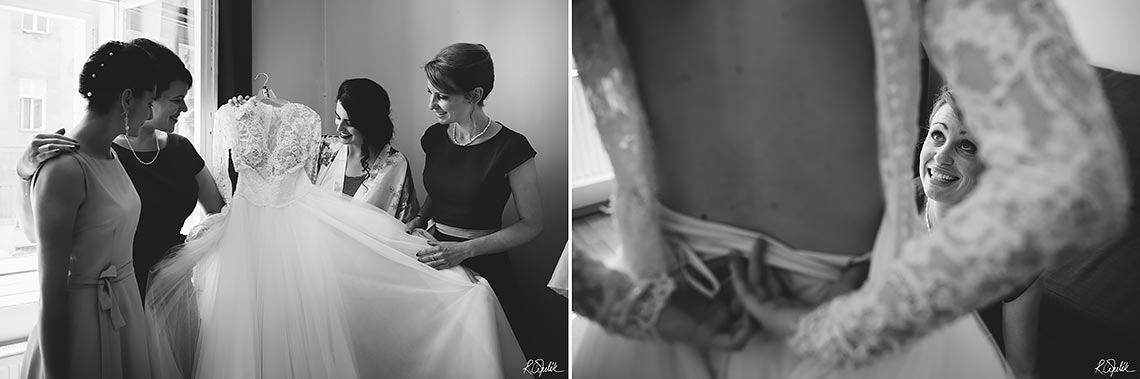 black and white wedding snapshots of bride during getting ready