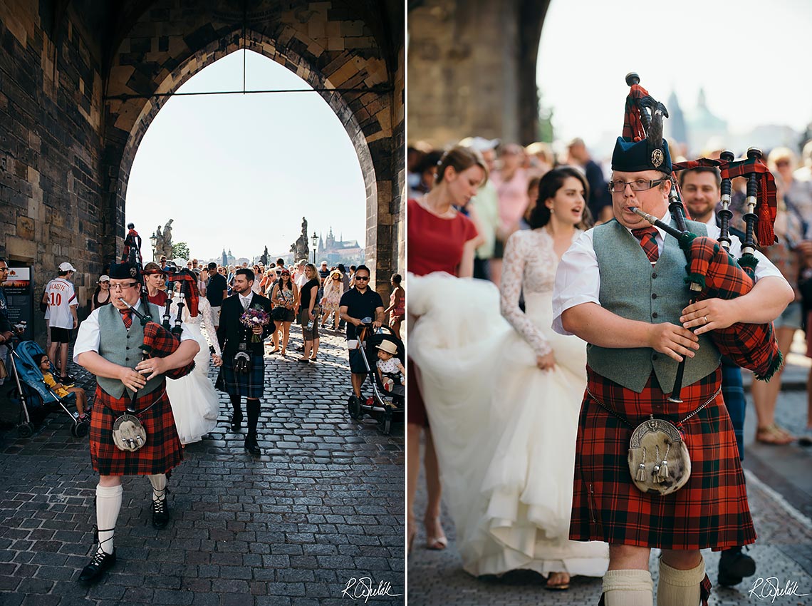 Scottish wedding in Prague with bagpiper