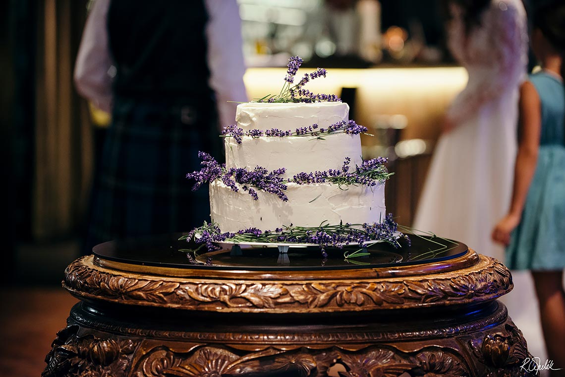 three tier wedding cake with levanders