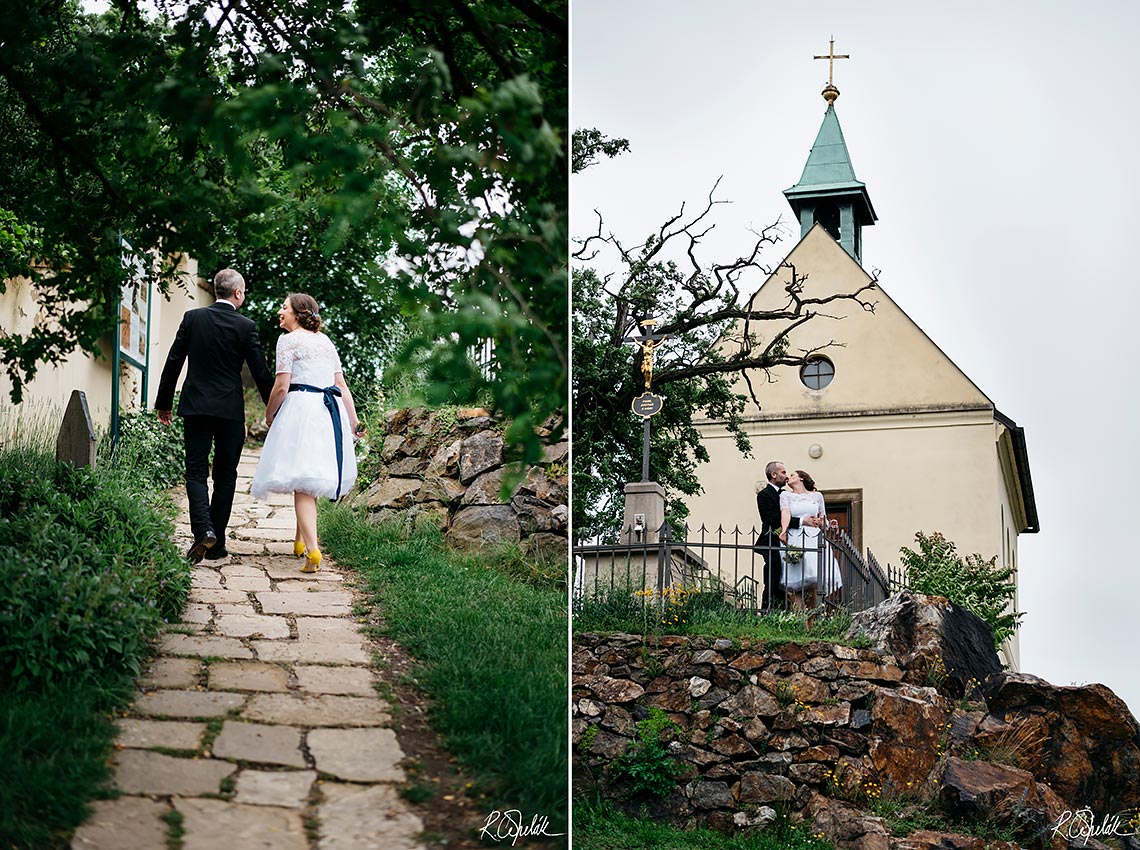wedding photography of bride and groom with small church