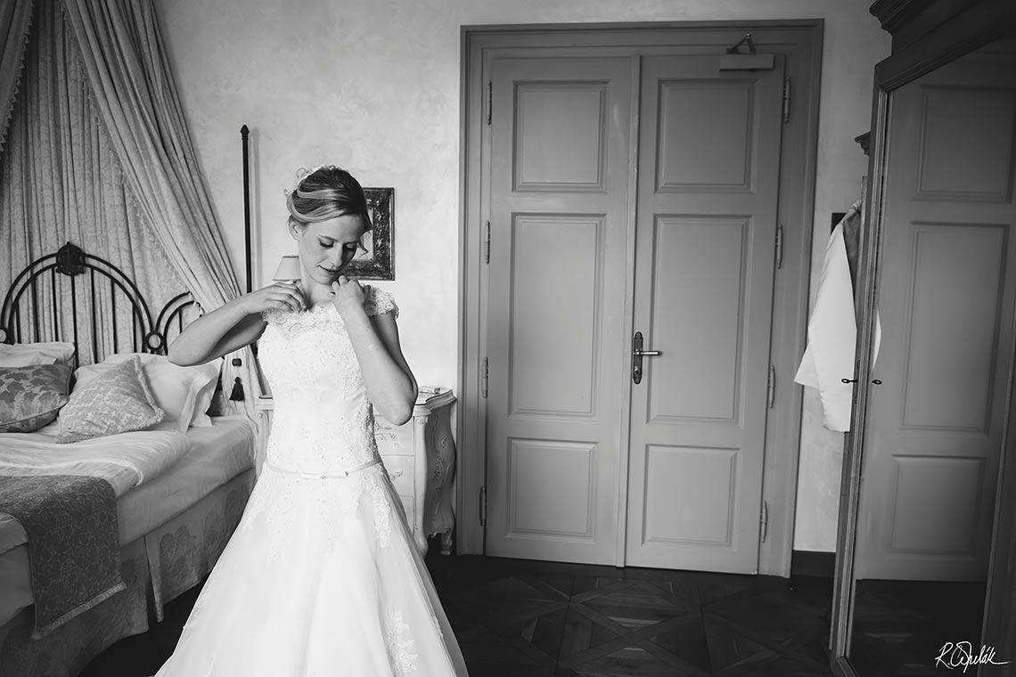 black and white wedding photography of bride during getting ready