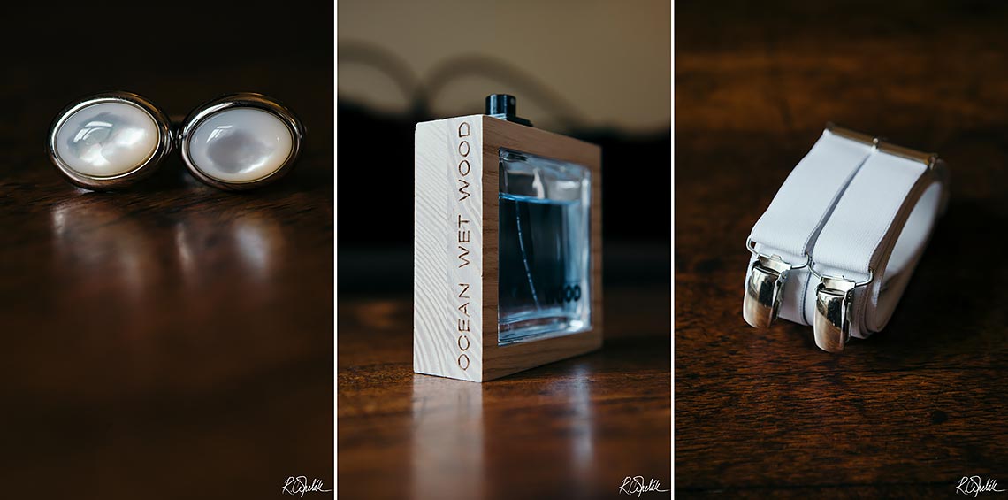 wedding groom's details photos of cuff links, parfume and braces