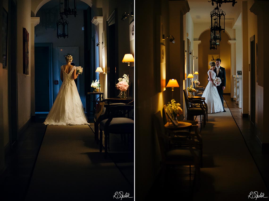 wedding potography of newlyweds at corridor of hotel Chateau Mcely in Czech republic