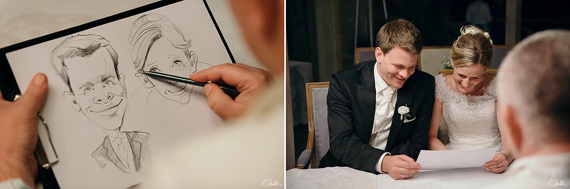 caricaturist draw bride and groom portrait at wedding