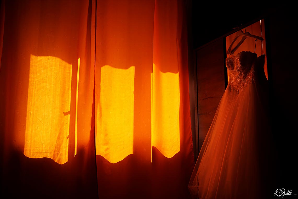 wedding dress orange curtains photo
