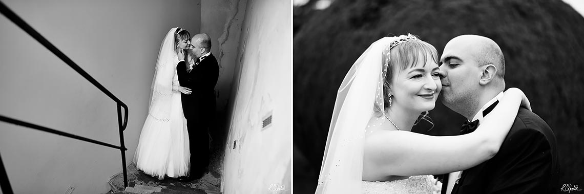 black and white photos of bride and groom on stairs