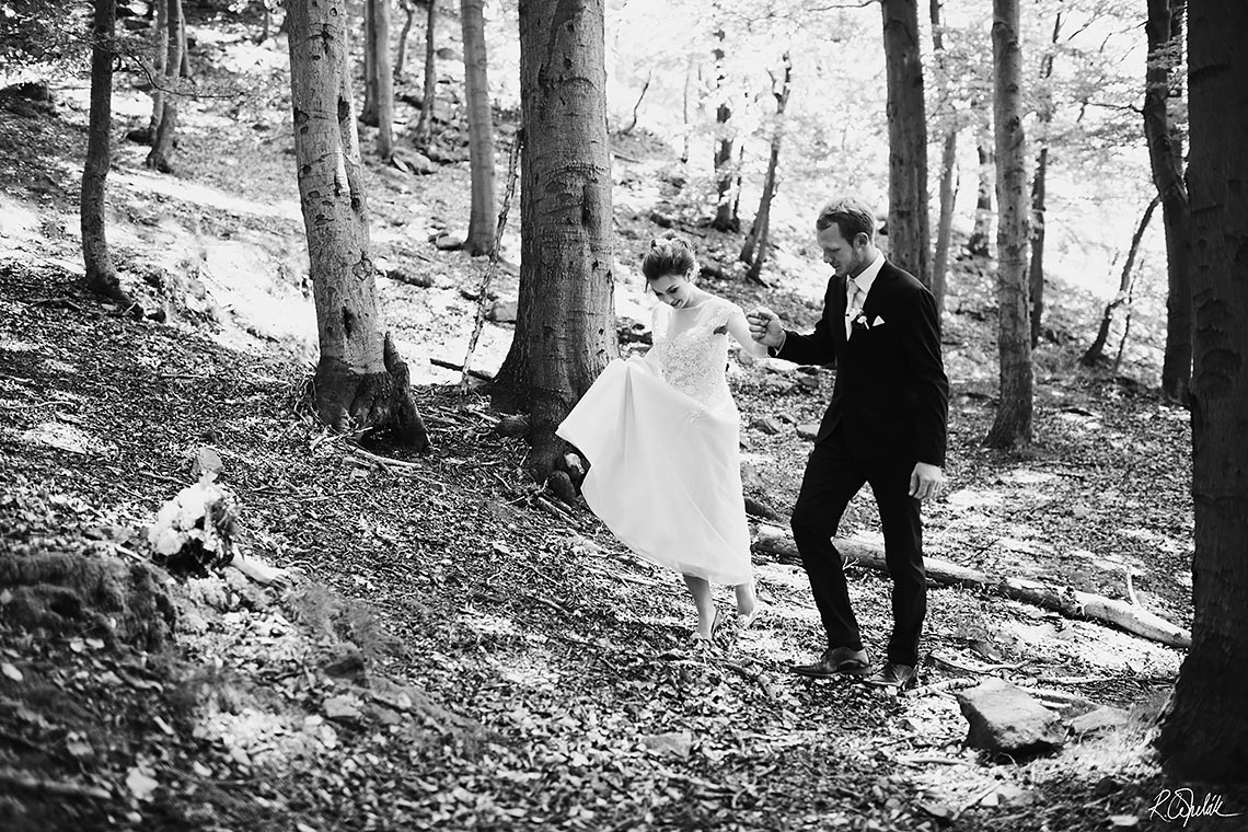bride and groom at forest