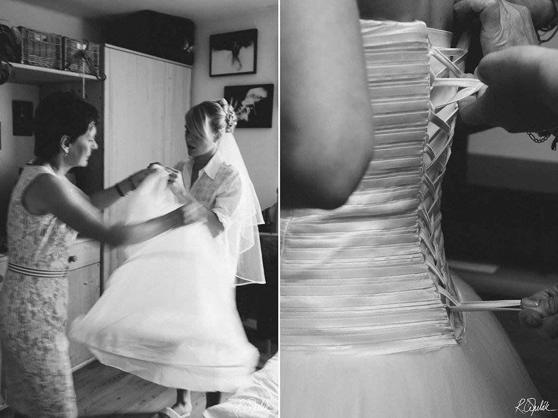 getting ready of bride black and white images