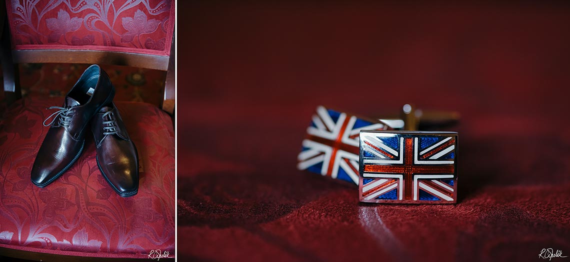 wedding photos of groom details - shoes and cufflinks with British flag