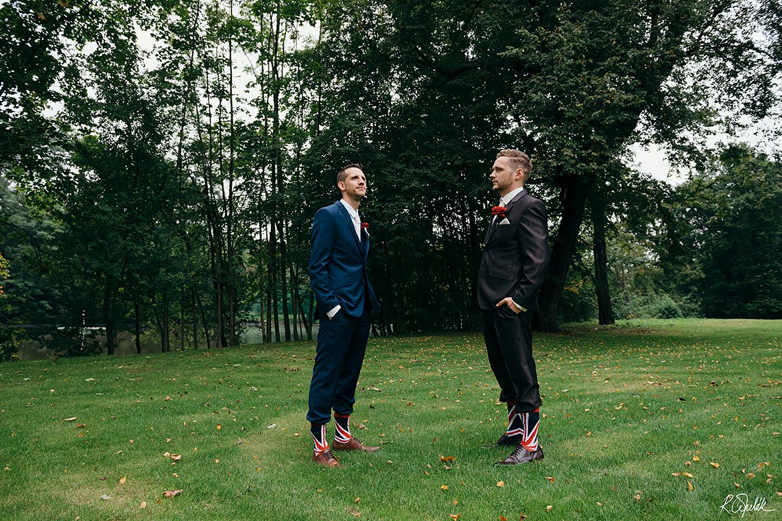funny wedding photo of brothers with British socks