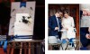 cutting blue-white wedding cake by bride and groom