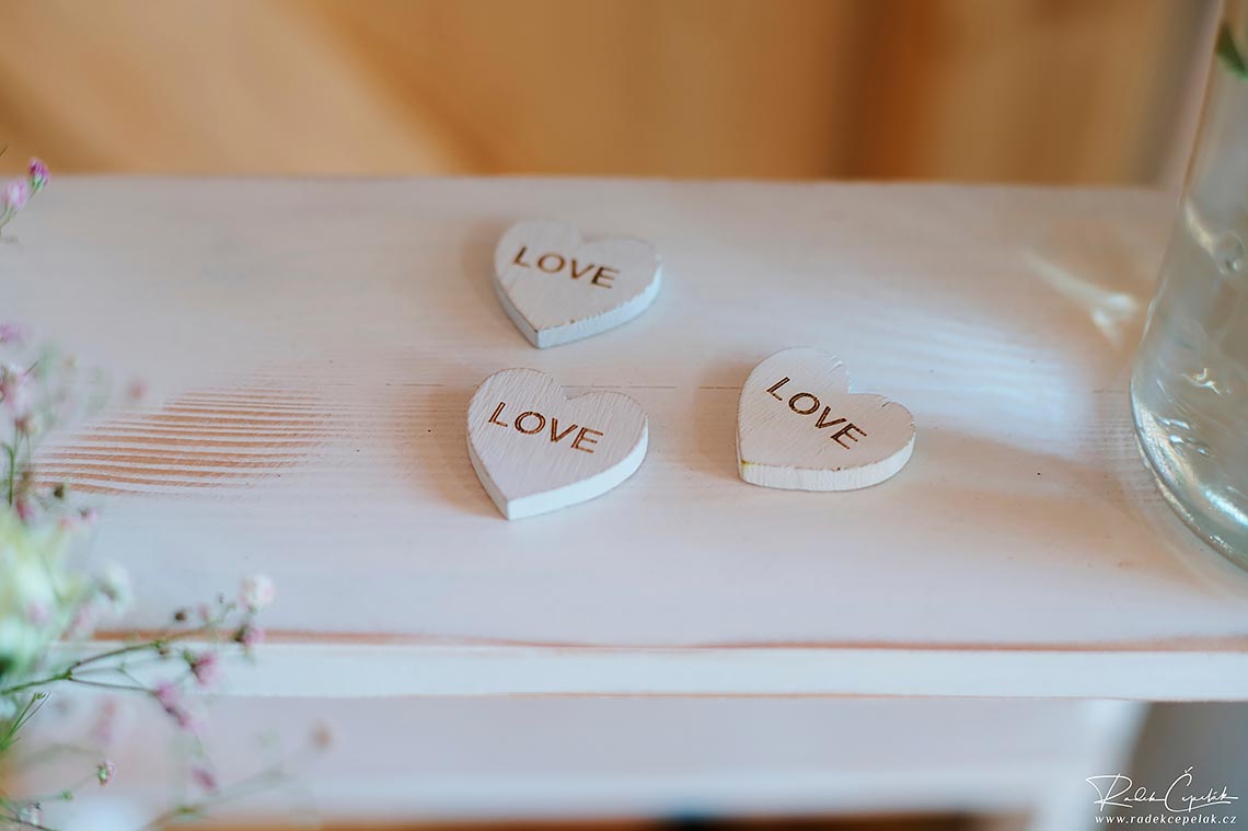 white wooden hearts wedding decoration