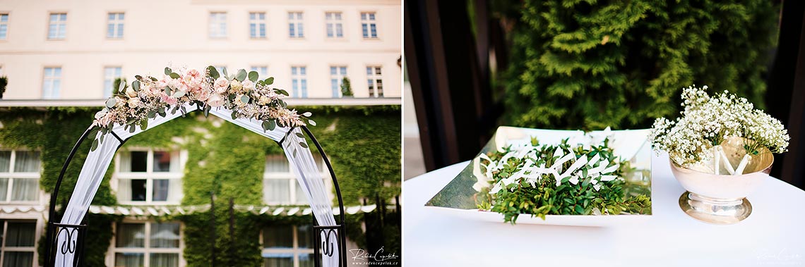 Details wedding ceremony floral decoration in Prague