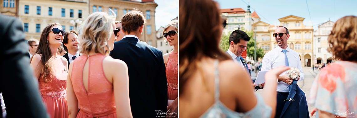 wedding guests waiting for surprise in Prague