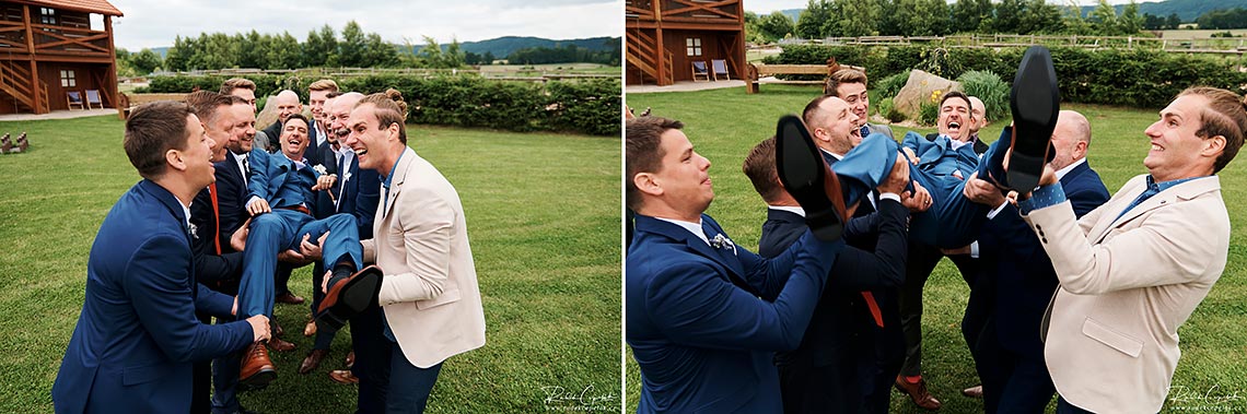Groom having fun with male guests after wedding ceremony
