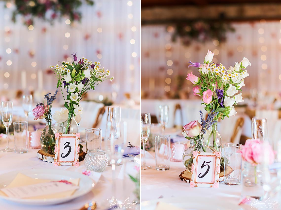 wedding flower barn decoration on tables for wedding reception