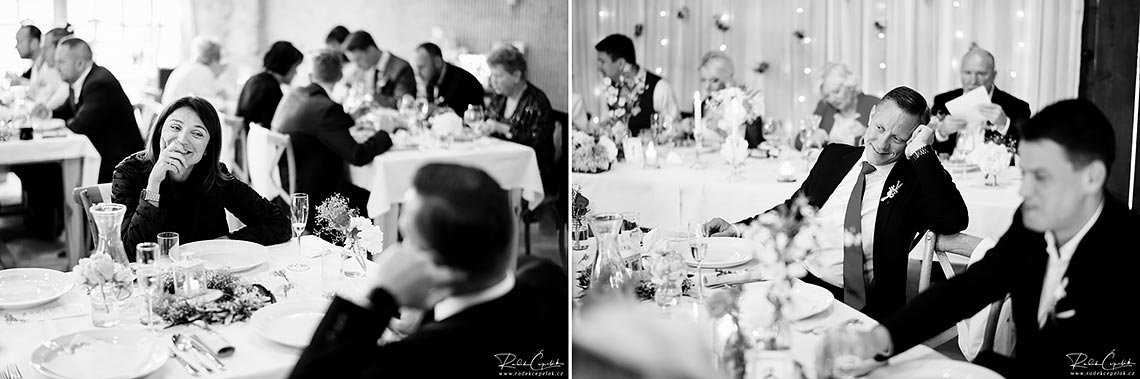 Black and white snapshot  of wedding guests