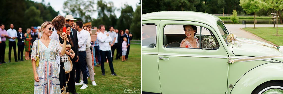 bride coming to ceremony in VW Beatle