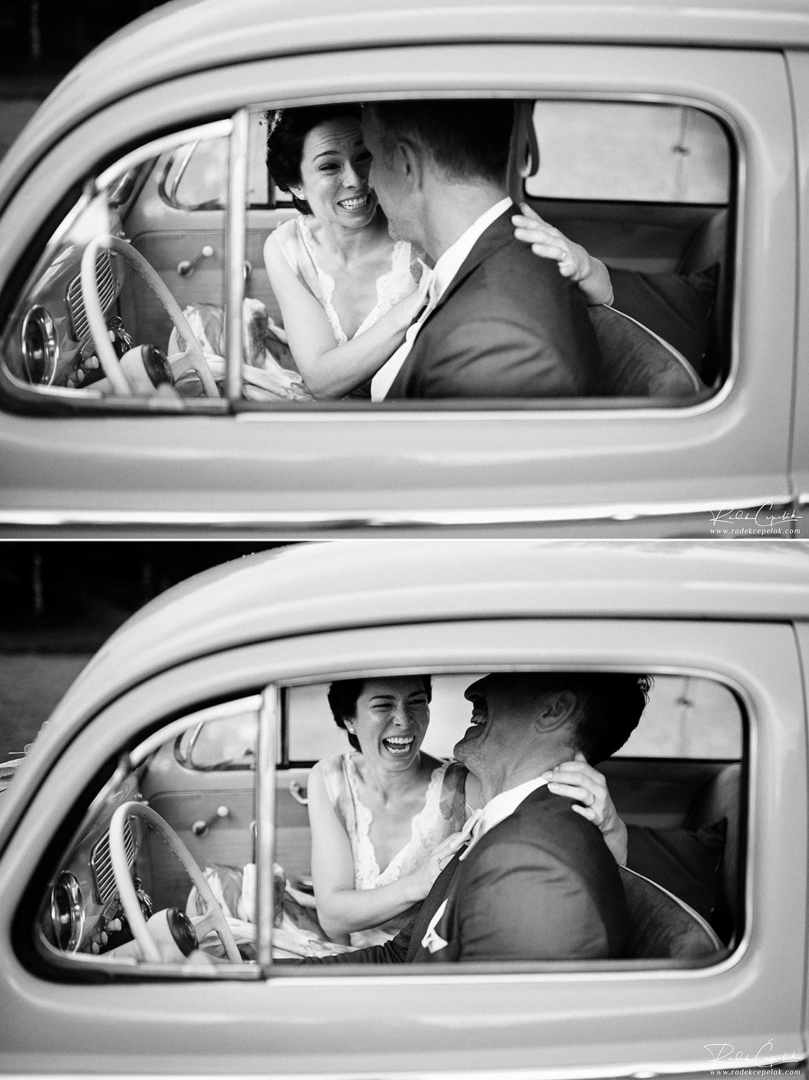 black and white wedding photography in VW Beatle