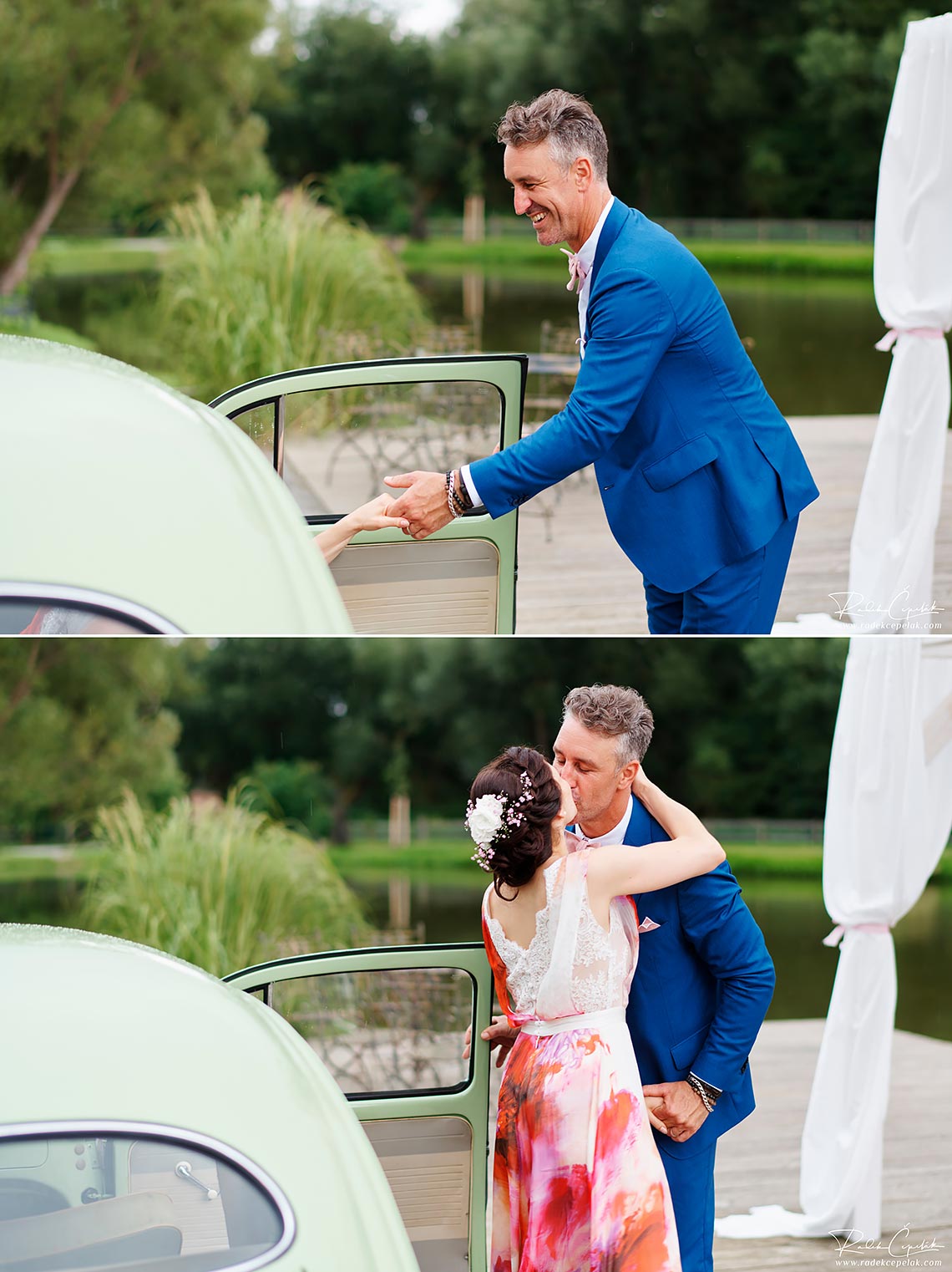 Groom and bride wedding photography with old vintage car