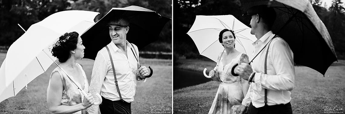 black and white wedding rainy photography
