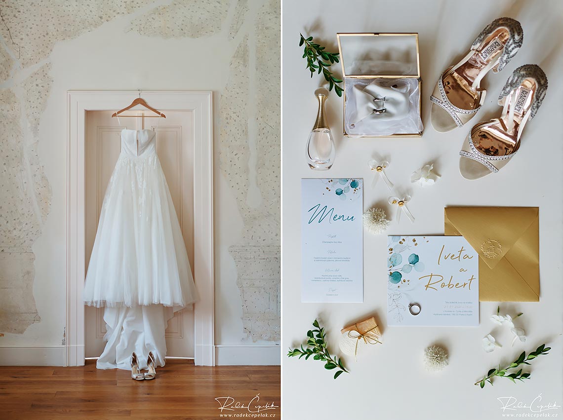 bridal details wedding dress and flat lay with shoes