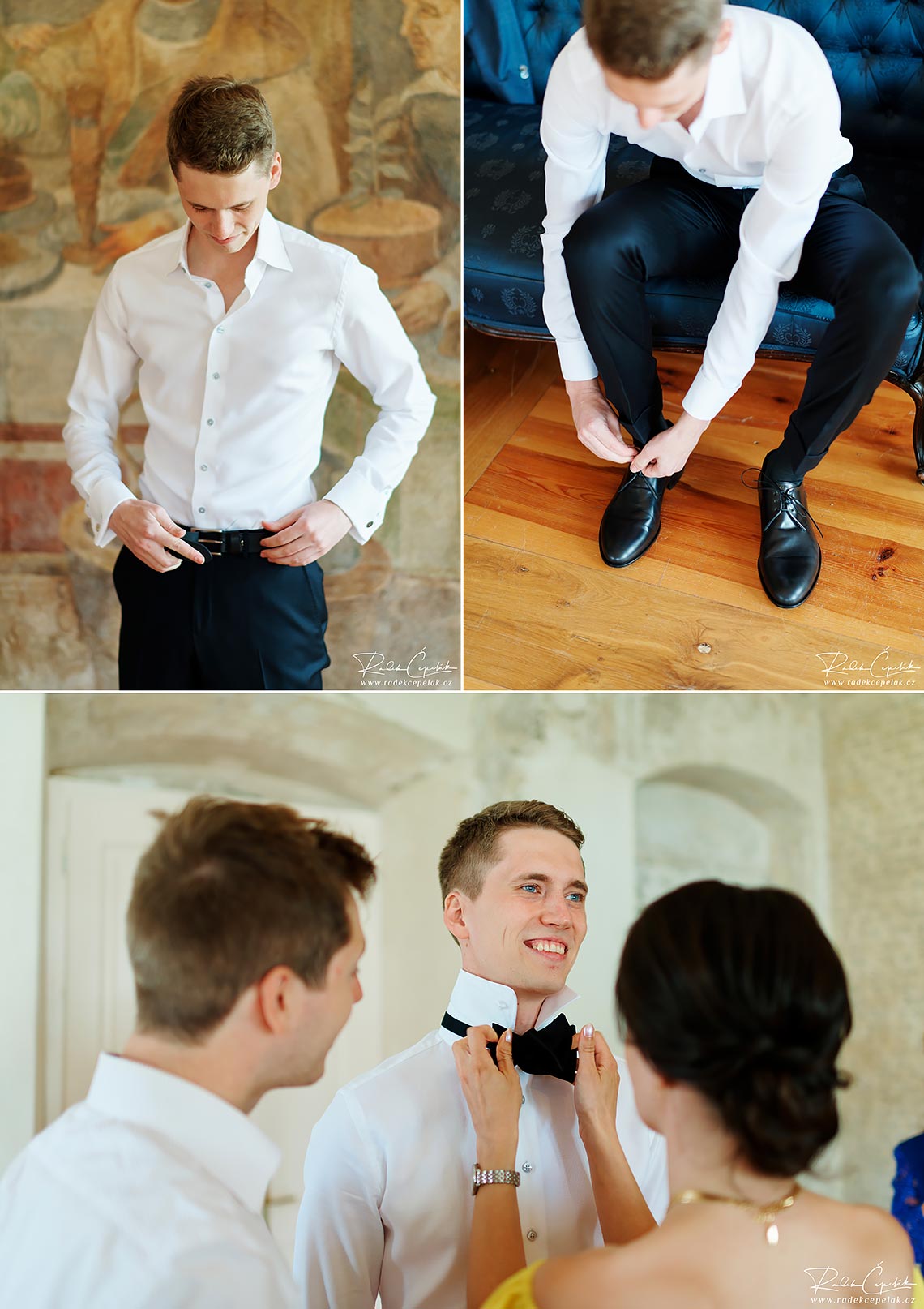 groom getting ready belt, shoes and bow tie
