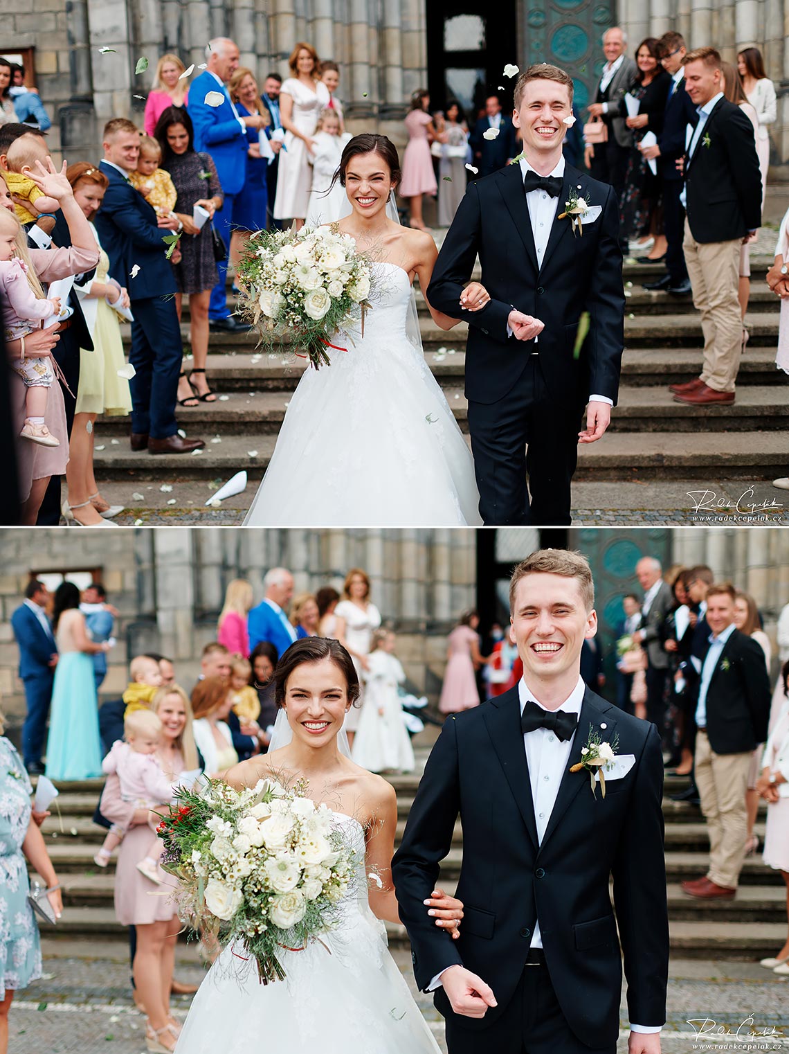guests throwing floral petals on bride and groom