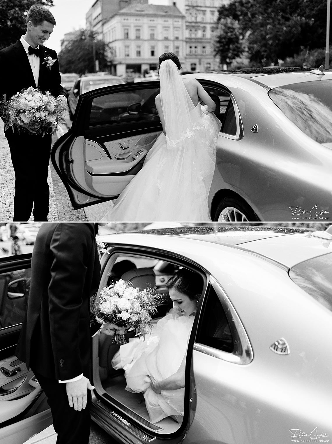 bride and groom sitting into car and leaving ceremony place