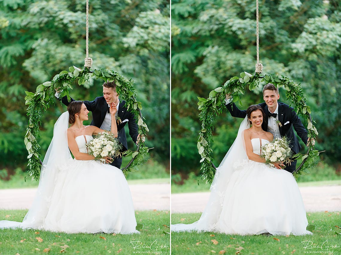 wedding photography of bride and groom on swing