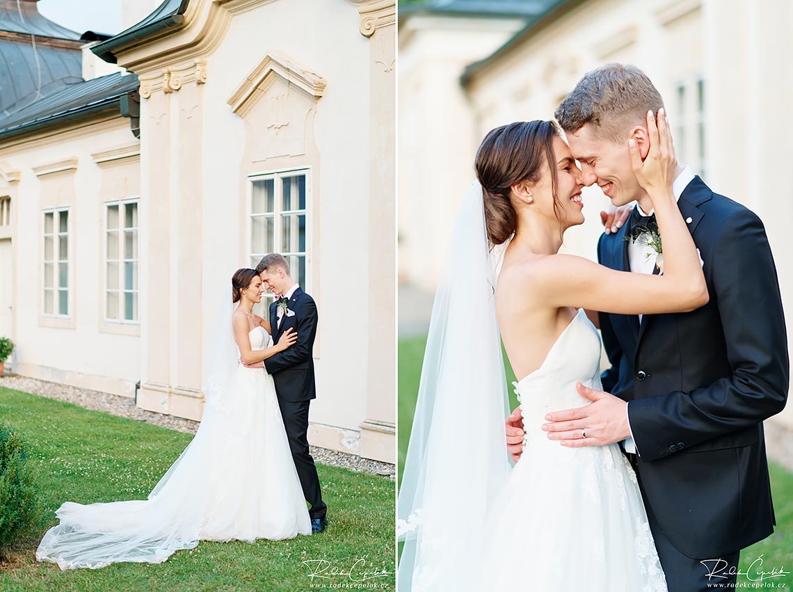 romantic wedding photography of bride and groom in front of chateau Bon Repos