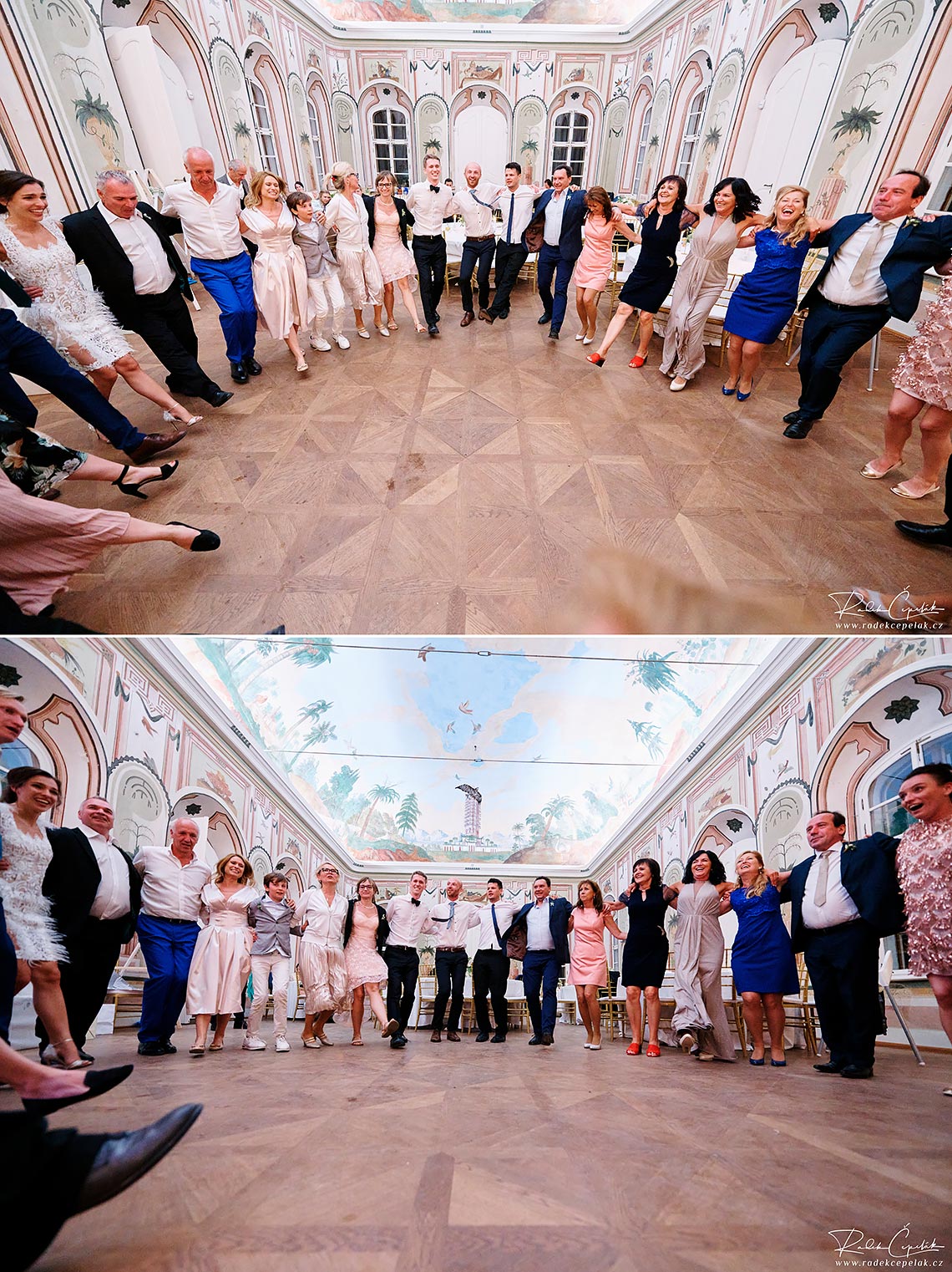 guests dancing in the circle at wedding