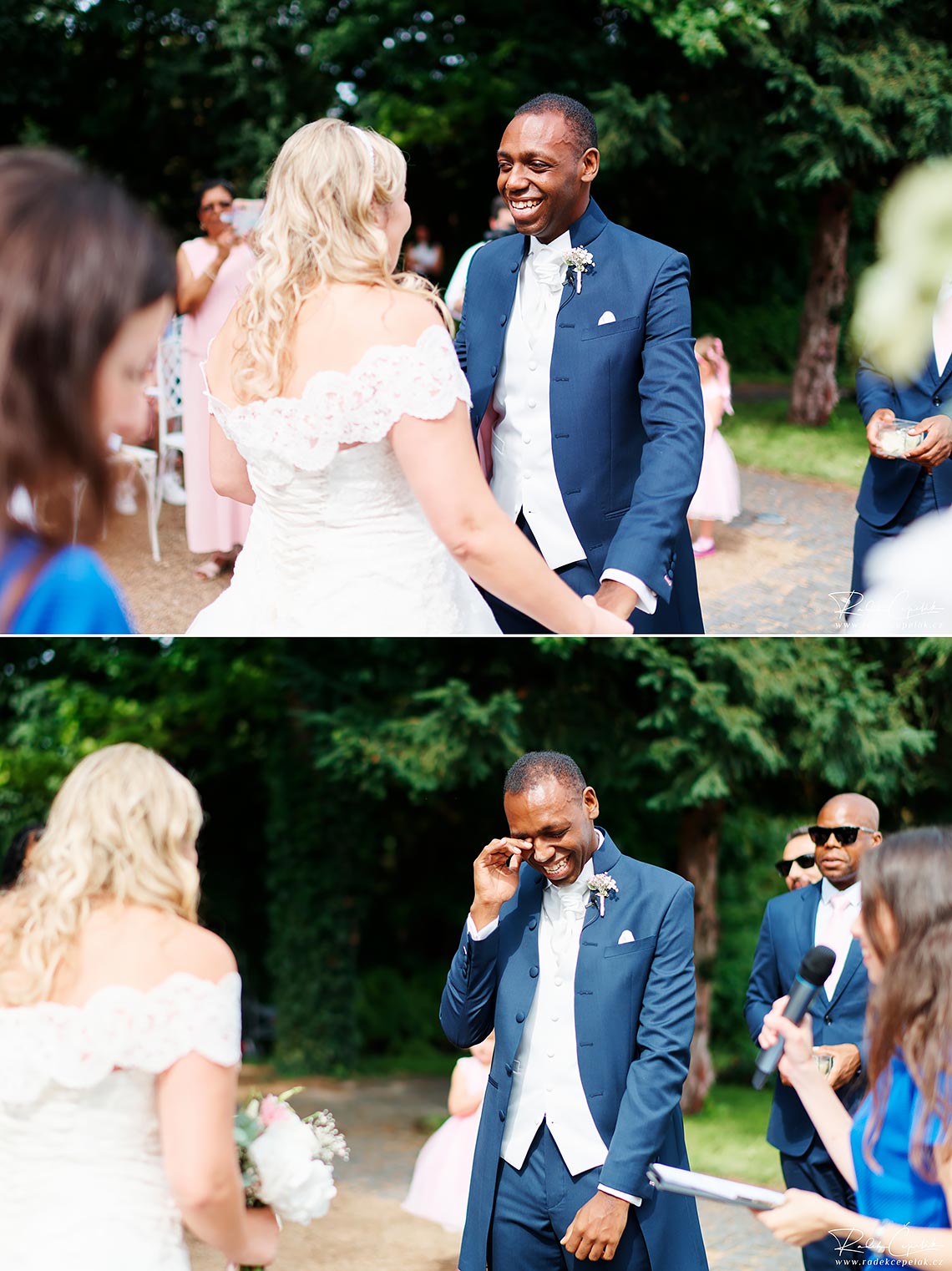 the first look of bride and groom during wedding ceremony in Prague