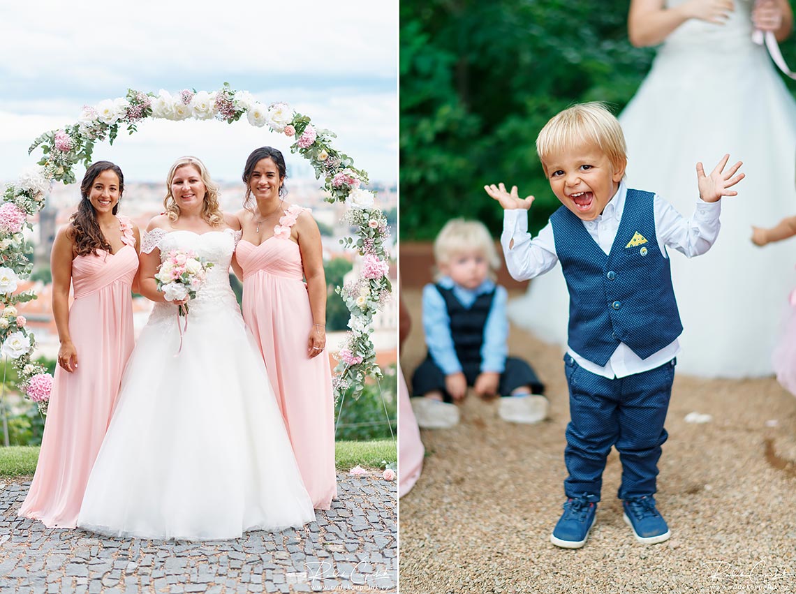 bride with bridesmaids in front of ceremony circle altar