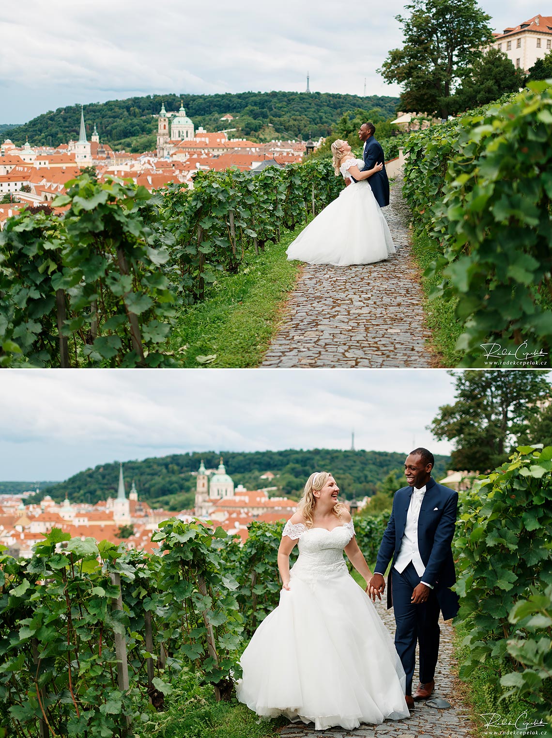 Bride and groom wedding photography in vineyard of Villa Richter in Prague