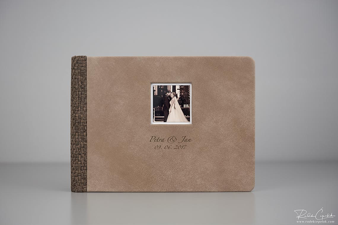 brown leather wedding album with photo on cover