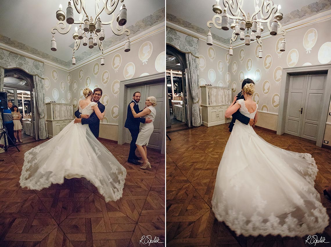 bride dancing with guest at wedding