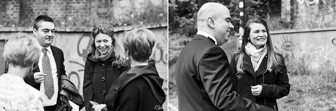 black and white photo of guests at wedding in Prague