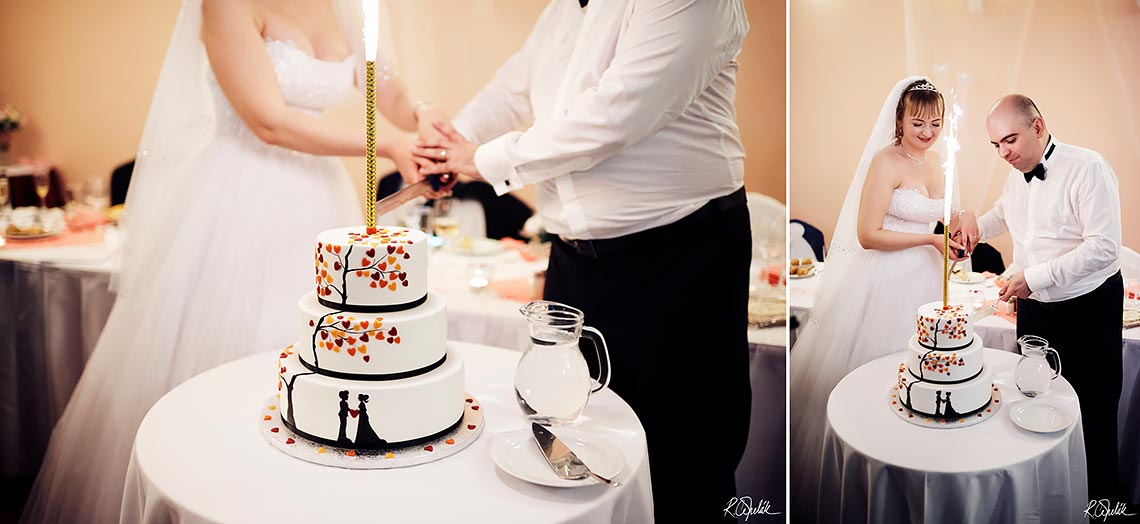 bride and groom cutting the cake with sparkler